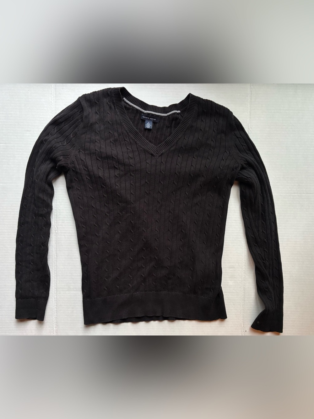 Tommy hilifiger women’s Black Cable Knit V-Neck cotton Sweater preppy fall